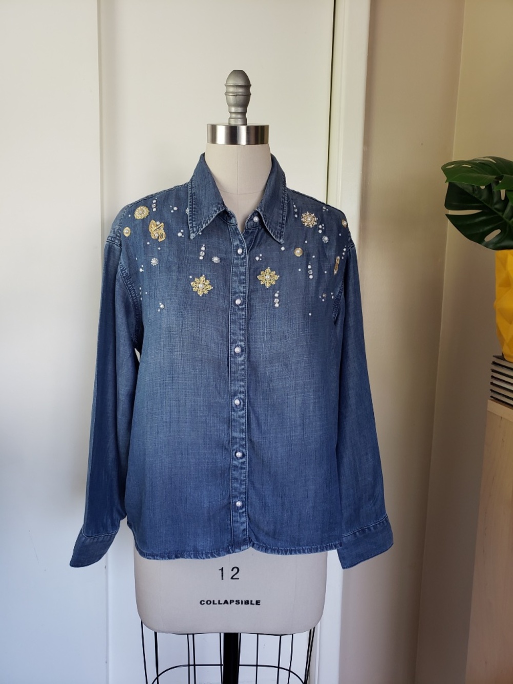 Denim Embellished Button Down Shirt Size 12